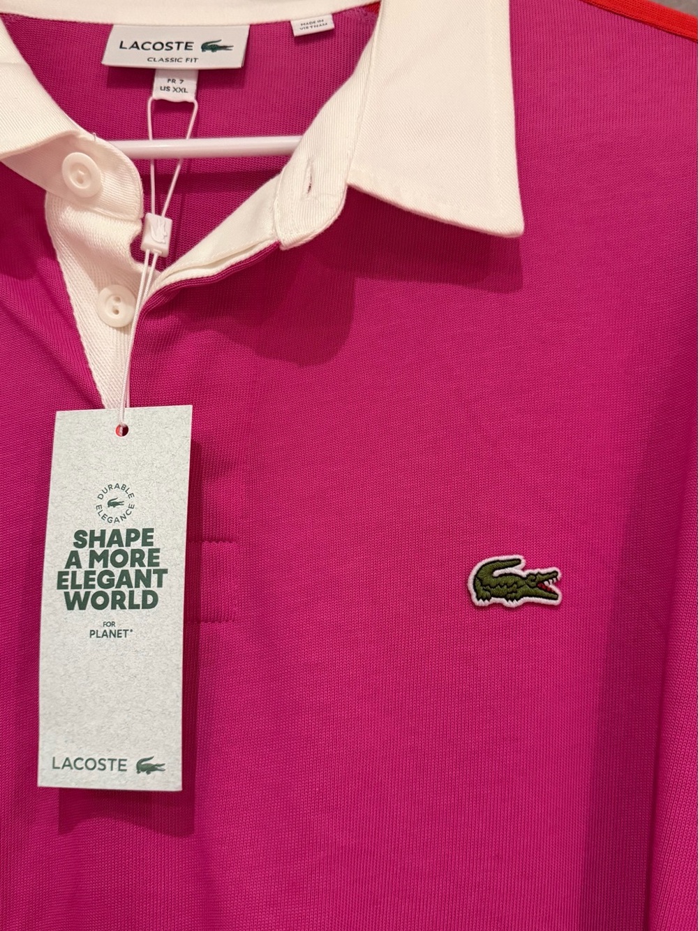 Lacoste Hot Pink Rugby Polo with Red Stripes and White Collar - Picture 2 of 4
